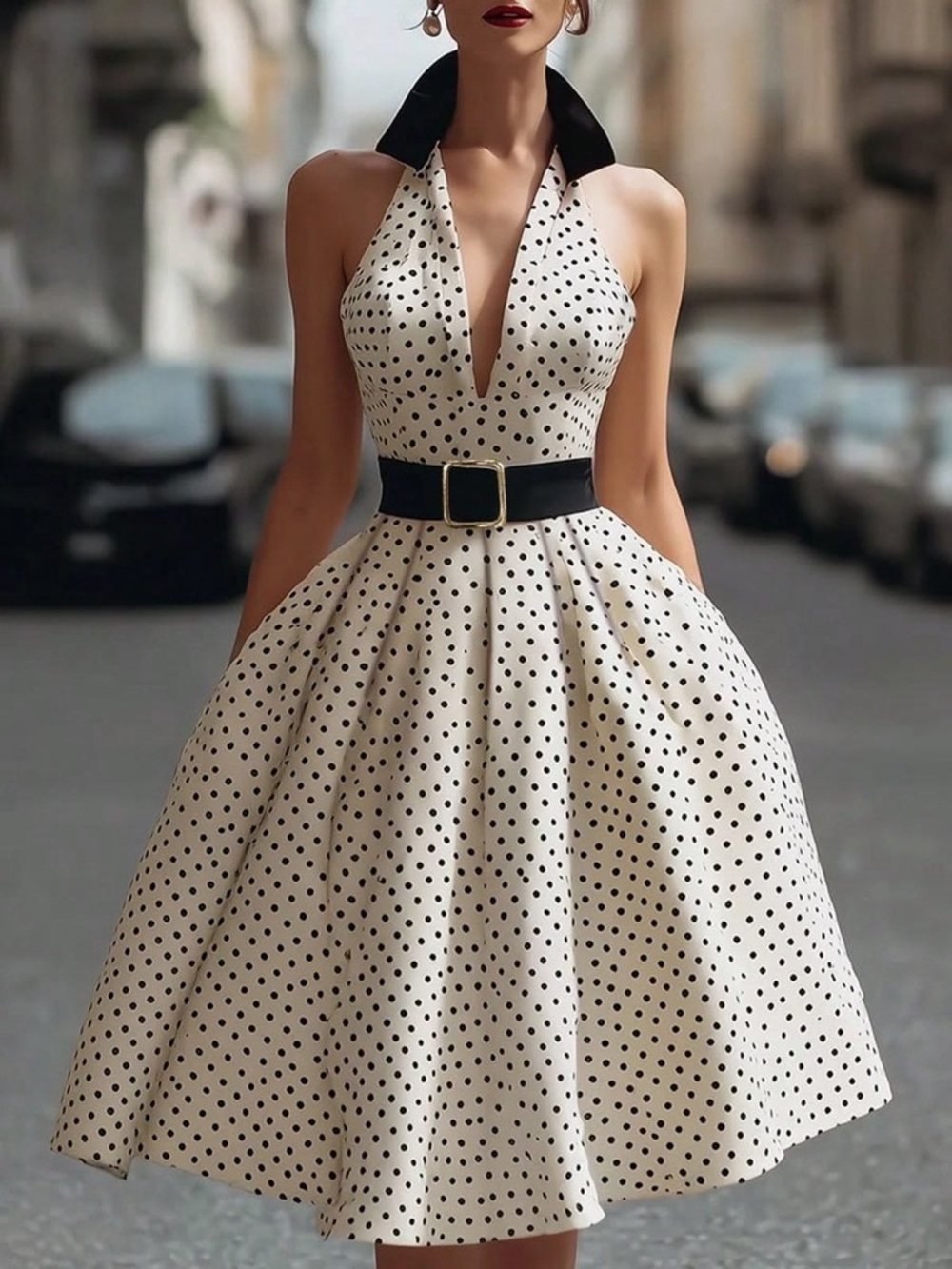 Polka Dot Halter Fit-and-Flare Dress in Ivory and Black